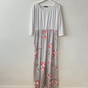 Merokeety White Gray Stripe Three Quarter Sleeve Flower Pocket Dress Size 5/6